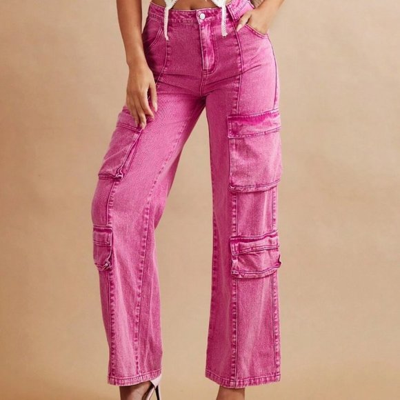 MODA ME COUTURE Denim - Casual Flap Pocket Cargo Denim Jeans Pink